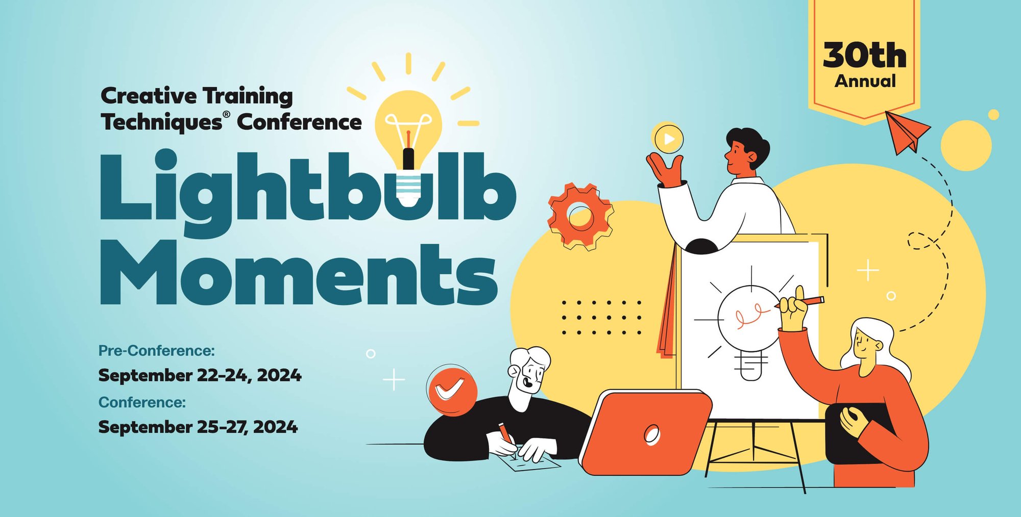30th Annual Creative Training Techniques Conference banner with 'Lightbulb Moments' theme, dates, and illustrated attendees.