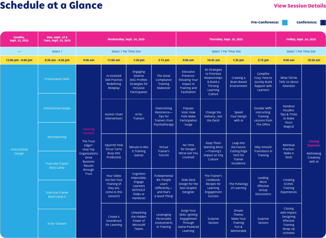 Visual schedule for the 2025 CTT conference showing daily sessions from September 21–26, organized by category and time slots